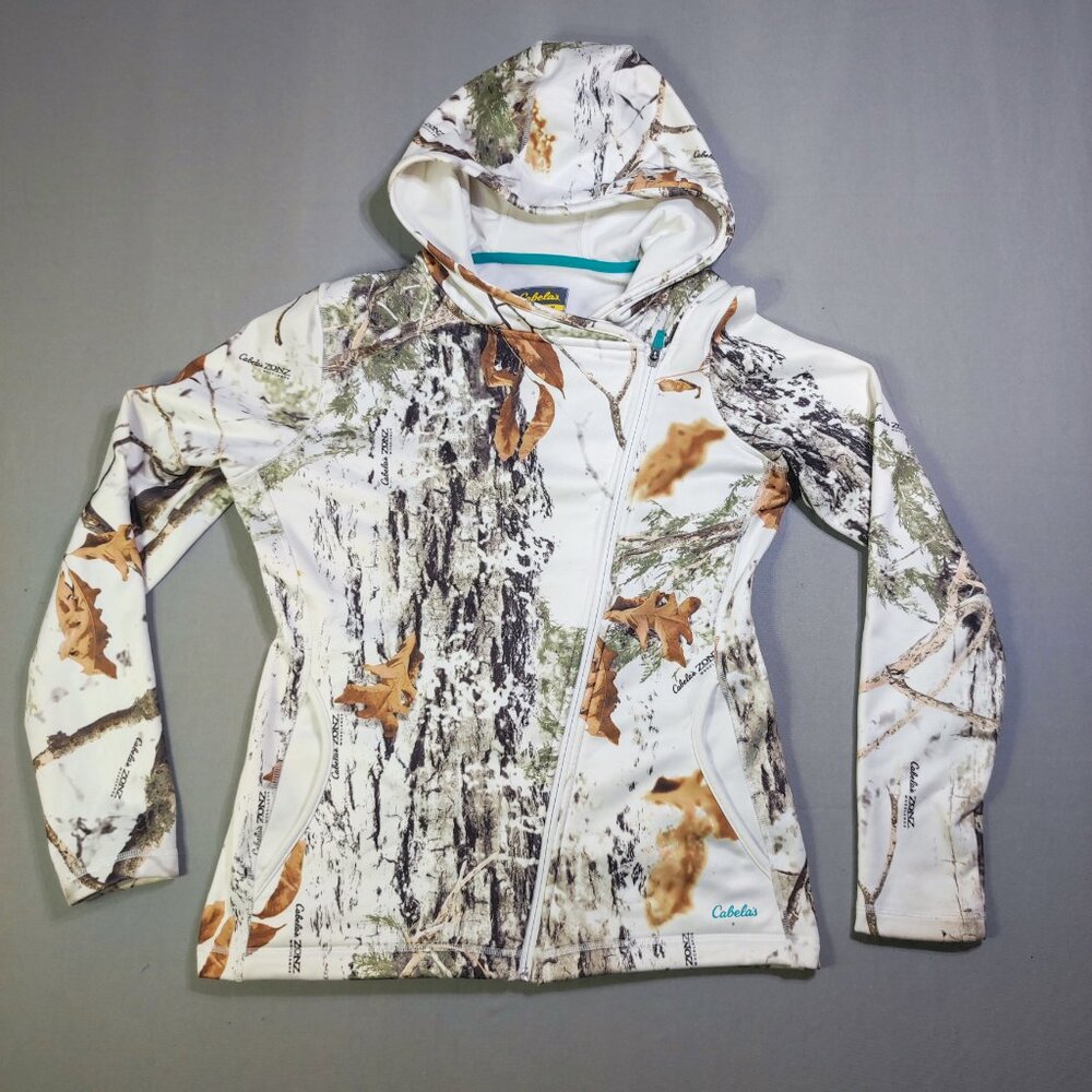 Cabela's OutfitHer ZonZ woodlands women's jacket size M white with leaf pattern